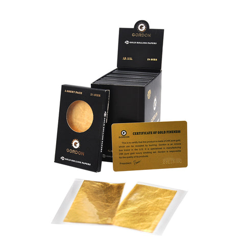 GORDON 24K Gold Rolling Papers, 1 1/4 Size Organic Rolling Paper, 2 PCS / Pack 12 Packs / Box